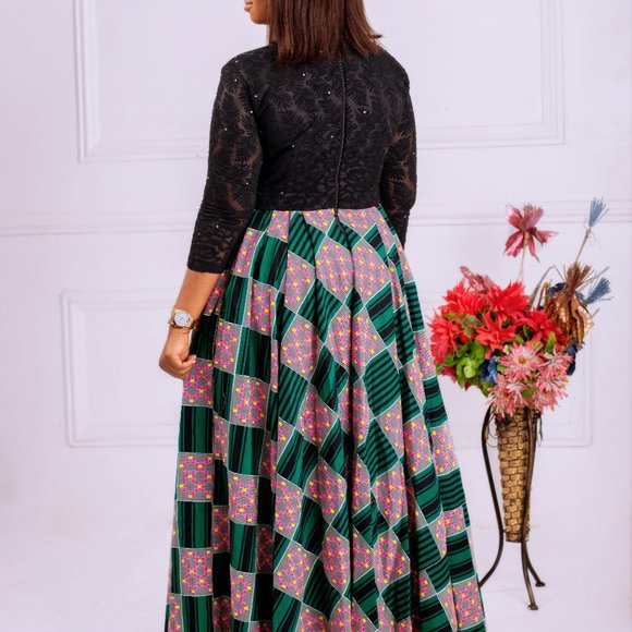 Black african pink green print evening maxi dress with lace ngoun bang - Picture 3 of 3
